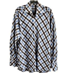 Men's Frank Michel Blue Brown Checked Collared Dress Shirt XL